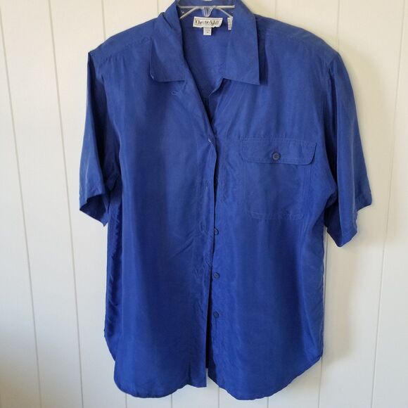 Christie & Jill 100% Silk Top Button Up Blue Short Sleeve M Shoulder Pads - Picture 2 of 9